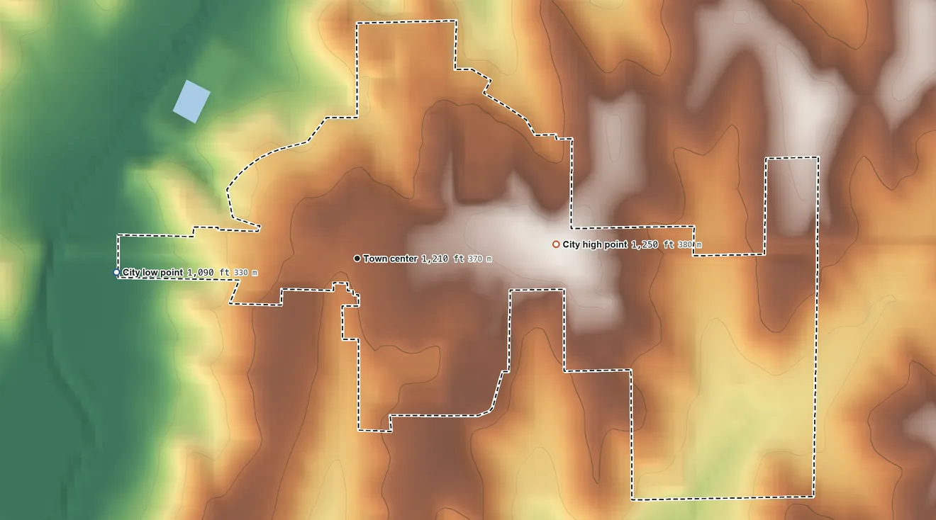 Topographic elevation map of Treynor, Iowa, shaded from 1,090 ft on the west side to 1,250 ft on the east side