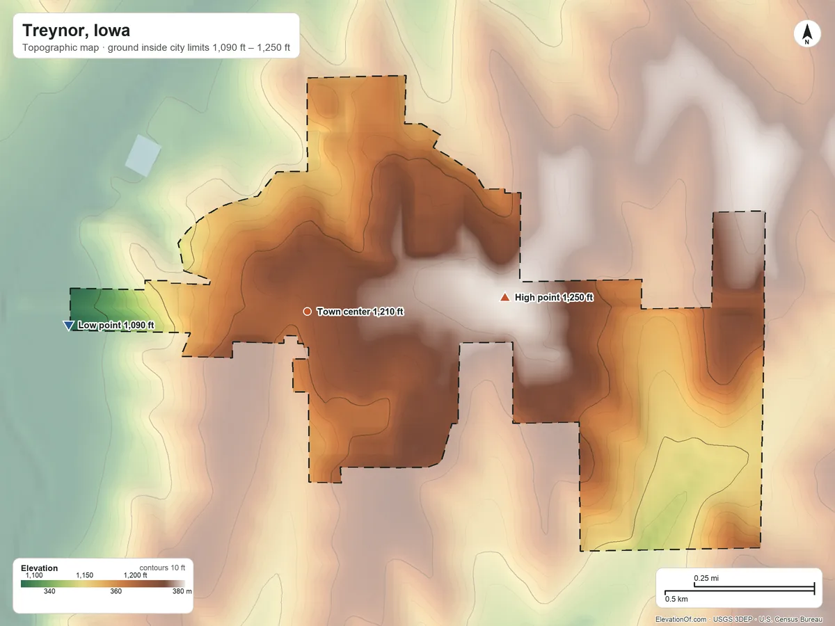 Topographic elevation map of Treynor, Iowa, shaded from 1,090 ft on the west side to 1,250 ft on the east side