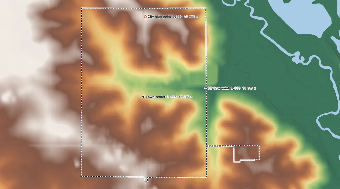 Topographic elevation map of Tripoli, Iowa, shaded from 1,000 ft on the east side to 1,060 ft on the north side