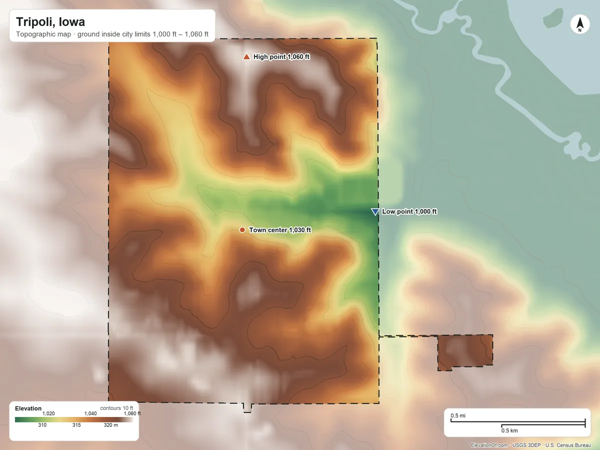 Topographic elevation map of Tripoli, Iowa, shaded from 1,000 ft on the east side to 1,060 ft on the north side