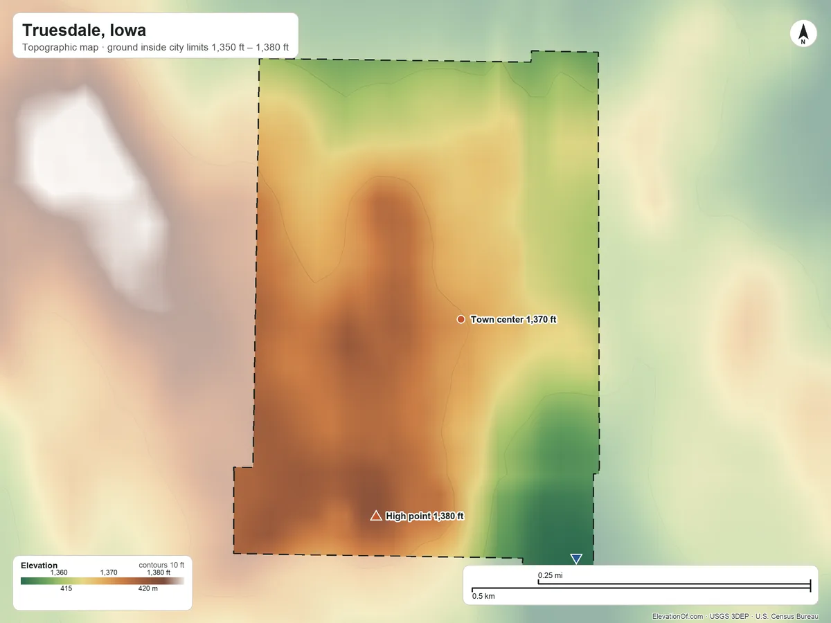 Topographic elevation map of Truesdale, Iowa, shaded from 1,350 ft on the southeast side to 1,380 ft on the southwest side