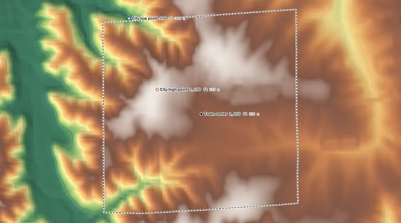 Topographic elevation map of Truro, Iowa, shaded from 990 ft on the northwest side to 1,100 ft on the northwest side