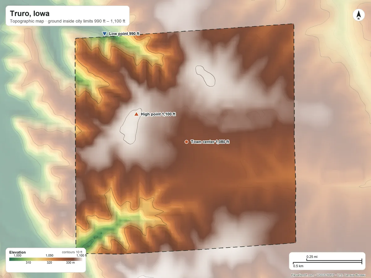 Topographic elevation map of Truro, Iowa, shaded from 990 ft on the northwest side to 1,100 ft on the northwest side