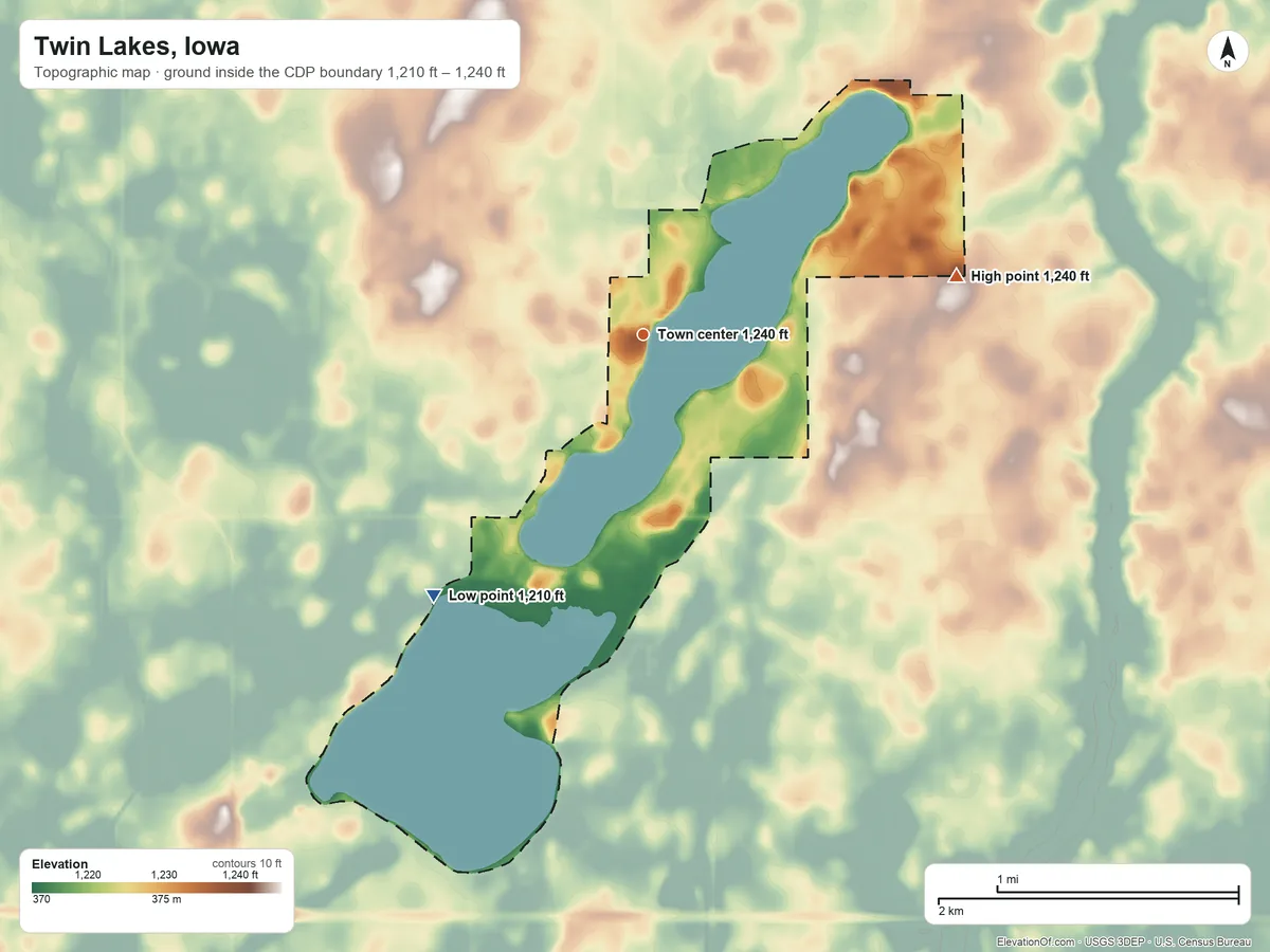 Topographic elevation map of Twin Lakes, Iowa, shaded from 1,210 ft on the southwest side to 1,240 ft on the east side