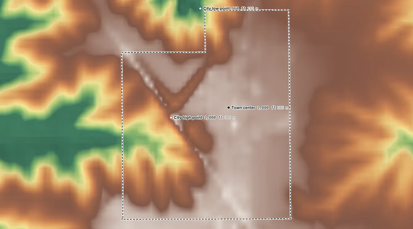 Topographic elevation map of Udell, Iowa, shaded from 960 ft on the north side to 1,000 ft on the west side