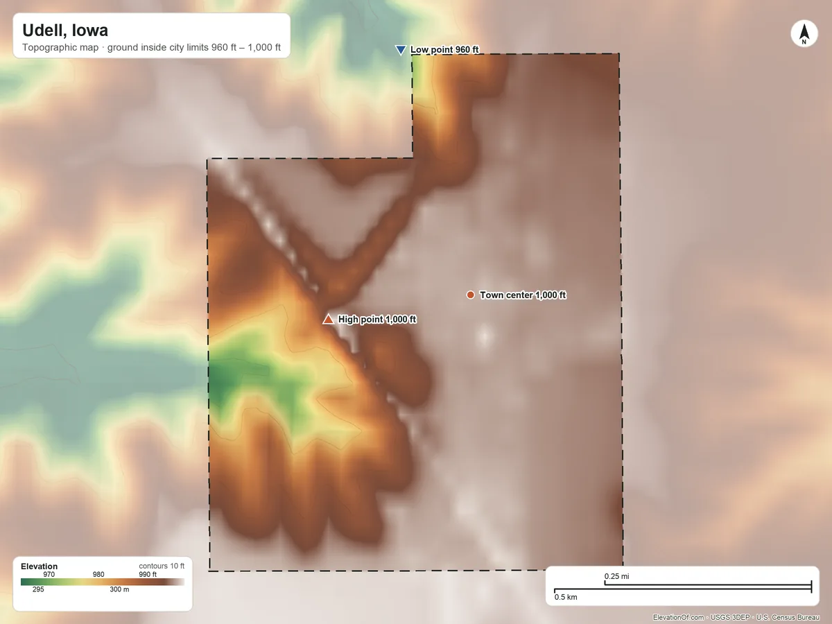 Topographic elevation map of Udell, Iowa, shaded from 960 ft on the north side to 1,000 ft on the west side