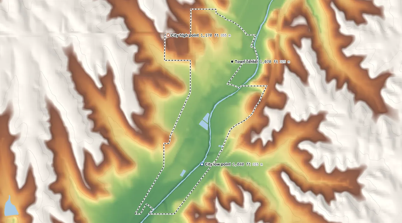 Topographic elevation map of Underwood, Iowa, shaded from 1,040 ft on the south side to 1,170 ft on the northwest side