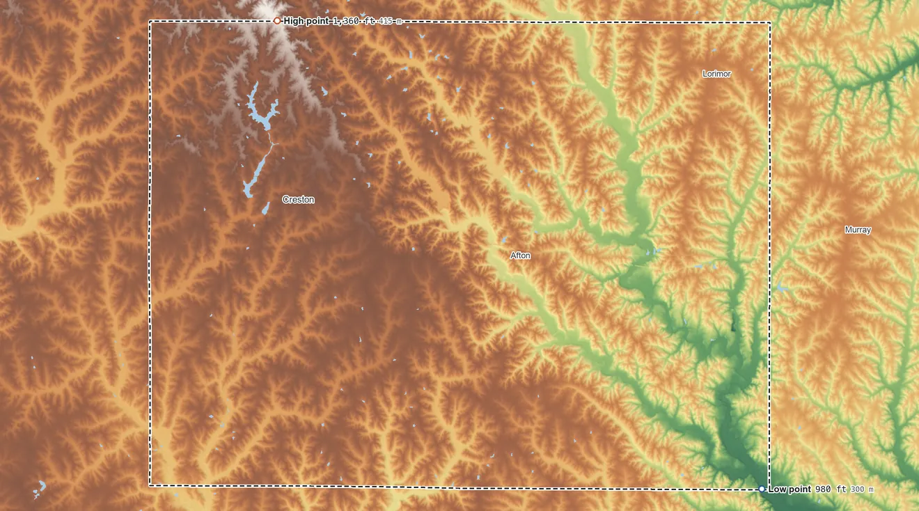 Topographic elevation map of Union County, Iowa, shaded from 980 ft on the southeast side to 1,360 ft on the northwest side