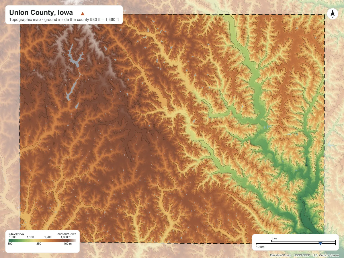 Topographic elevation map of Union County, Iowa, shaded from 980 ft on the southeast side to 1,360 ft on the northwest side