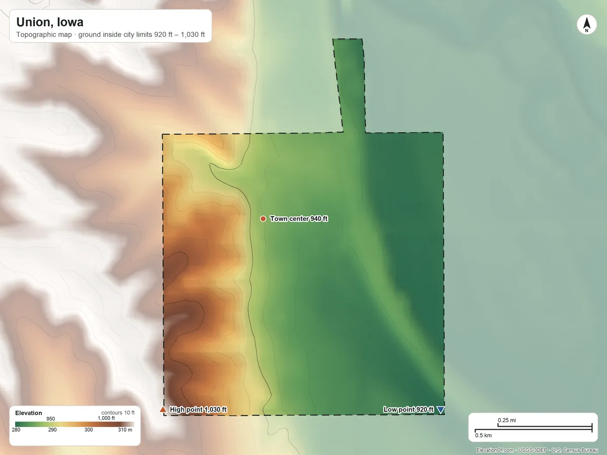 Topographic elevation map of Union, Iowa, shaded from 920 ft on the southeast side to 1,030 ft on the southwest side