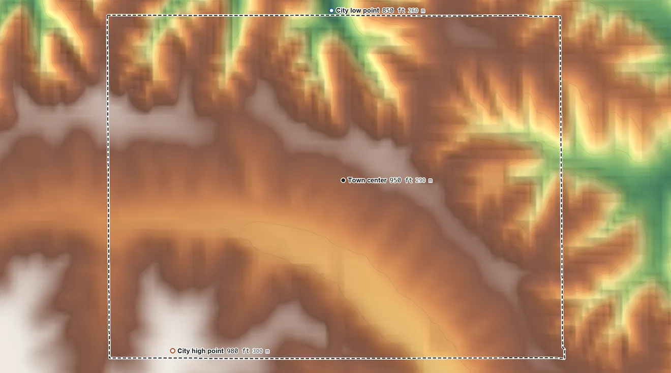 Topographic elevation map of Unionville, Iowa, shaded from 850 ft on the north side to 980 ft on the southwest side