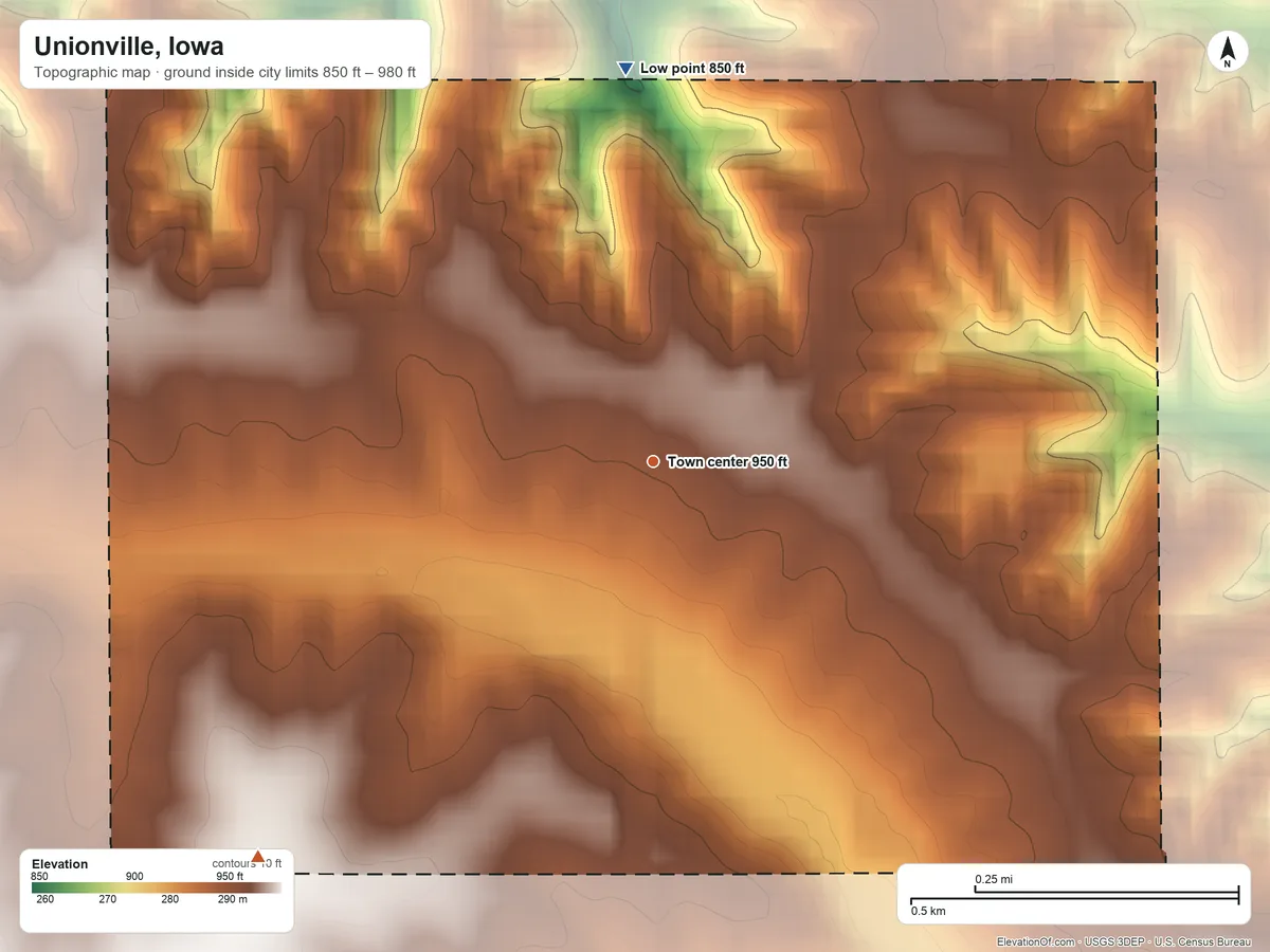 Topographic elevation map of Unionville, Iowa, shaded from 850 ft on the north side to 980 ft on the southwest side
