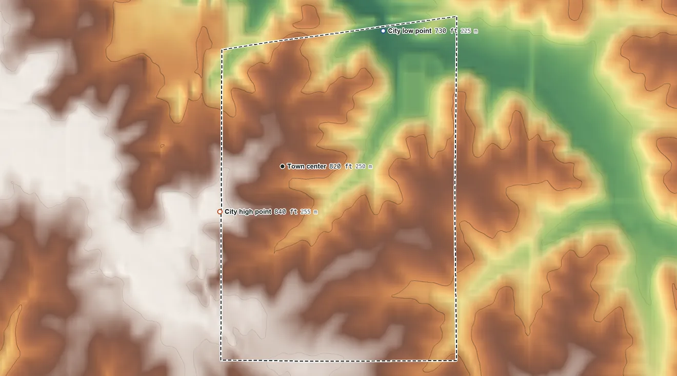 Topographic elevation map of University Park, Iowa, shaded from 730 ft on the northeast side to 840 ft on the southwest side
