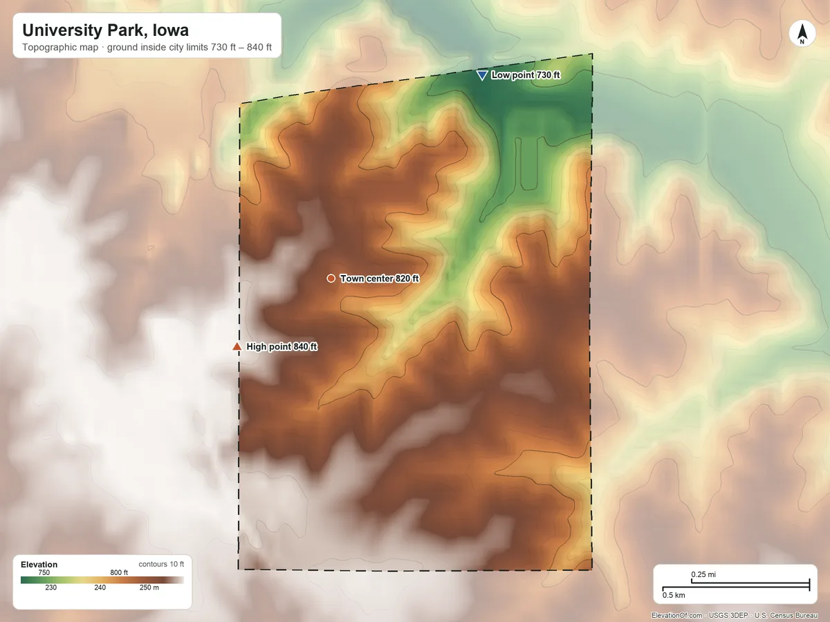 Topographic elevation map of University Park, Iowa, shaded from 730 ft on the northeast side to 840 ft on the southwest side