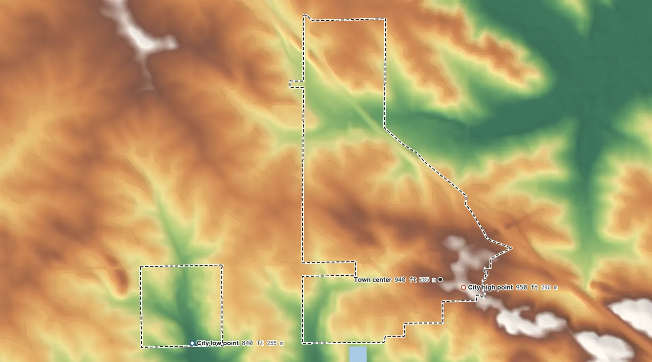 Topographic elevation map of Urbana, Iowa, shaded from 840 ft on the west side to 950 ft near the middle