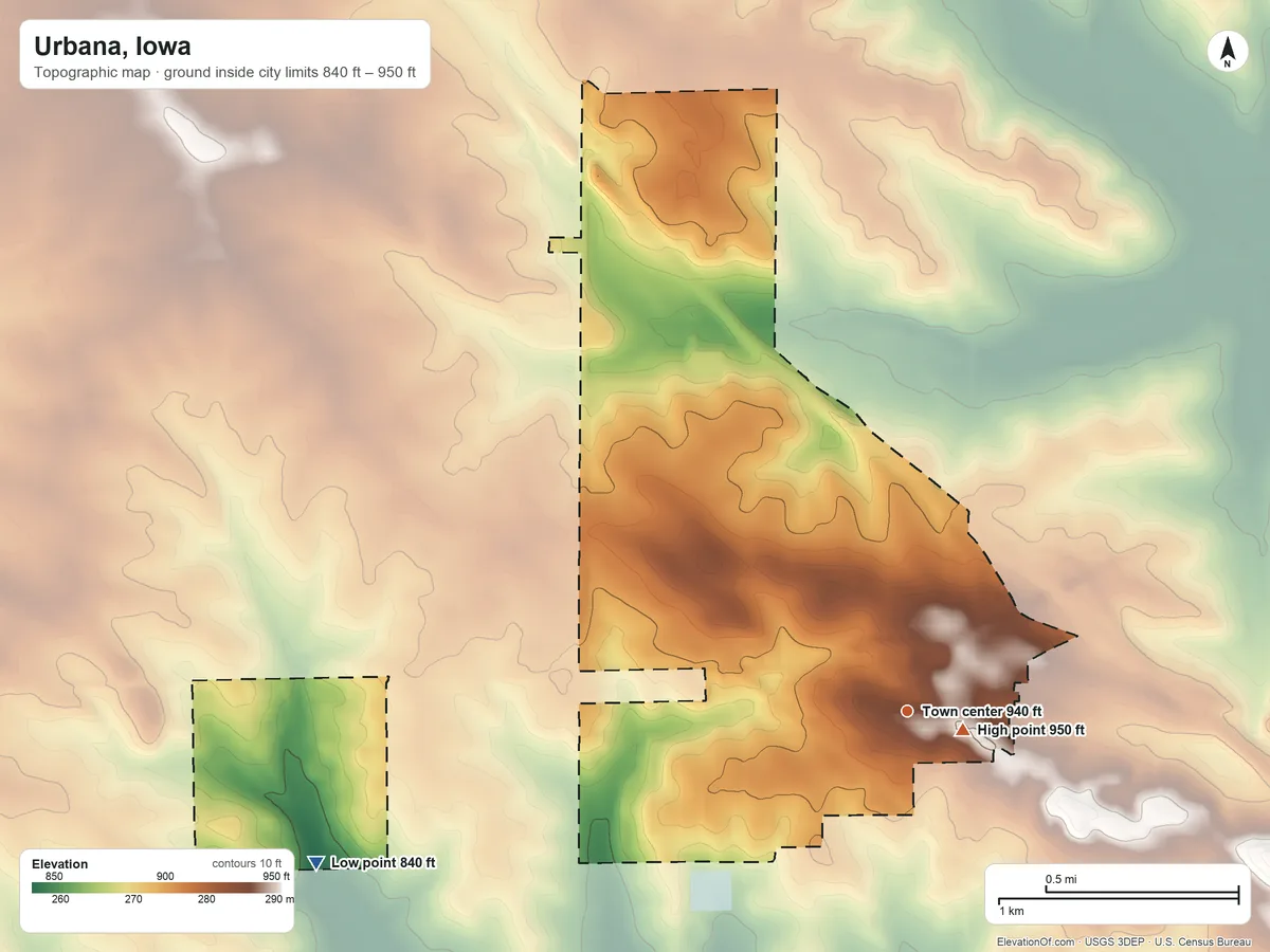Topographic elevation map of Urbana, Iowa, shaded from 840 ft on the west side to 950 ft near the middle