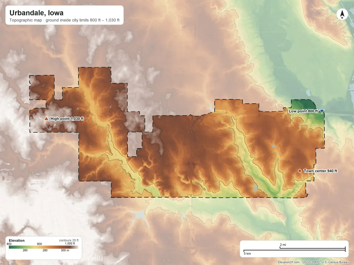 Topographic elevation map of Urbandale, Iowa, shaded from 800 ft on the north side to 1,030 ft on the west side