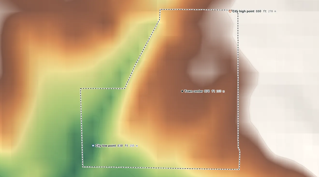 Topographic elevation map of Valeria, Iowa, shaded from 830 ft on the southwest side to 880 ft on the northeast side