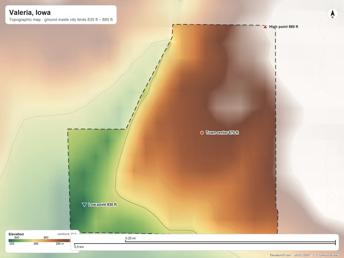 Topographic elevation map of Valeria, Iowa, shaded from 830 ft on the southwest side to 880 ft on the northeast side