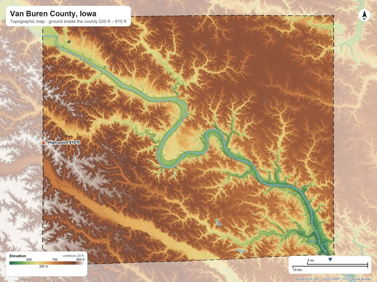 Topographic elevation map of Van Buren County, Iowa, shaded from 520 ft on the southeast side to 810 ft on the west side