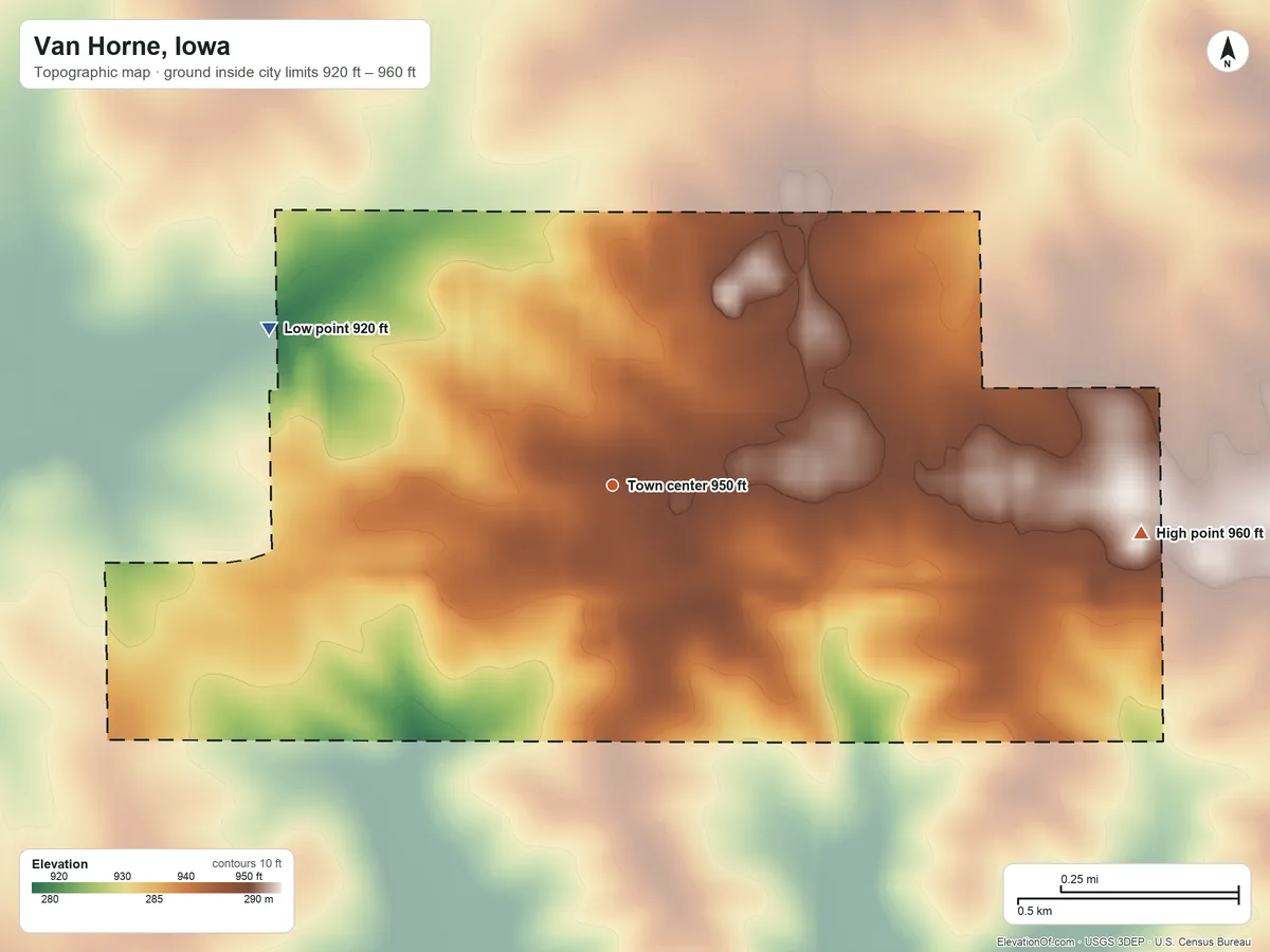 Topographic elevation map of Van Horne, Iowa, shaded from 920 ft on the northwest side to 960 ft on the east side