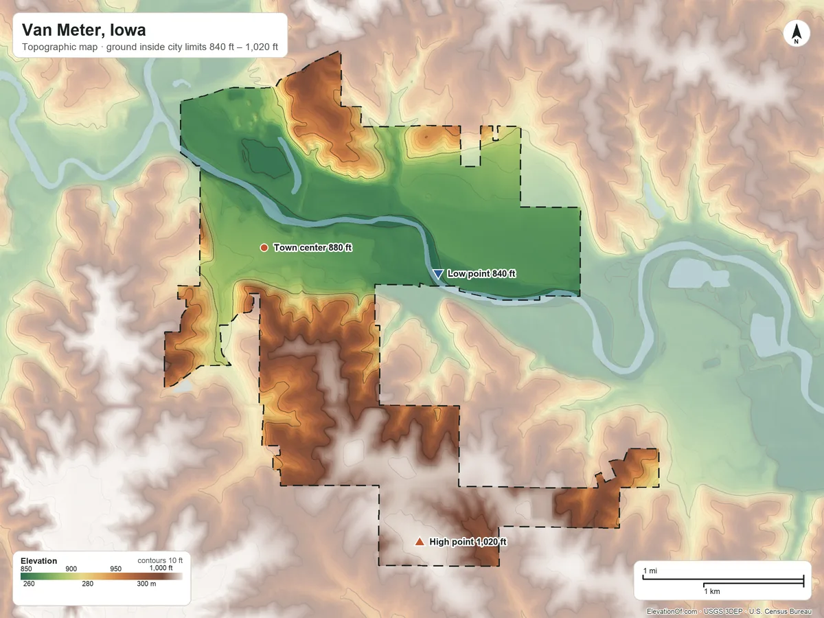 Topographic elevation map of Van Meter, Iowa, shaded from 840 ft on the east side to 1,020 ft on the southeast side