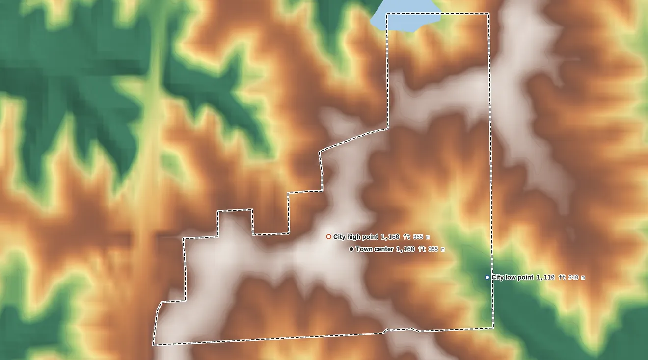 Topographic elevation map of Van Wert, Iowa, shaded from 1,110 ft on the east side to 1,160 ft near the middle