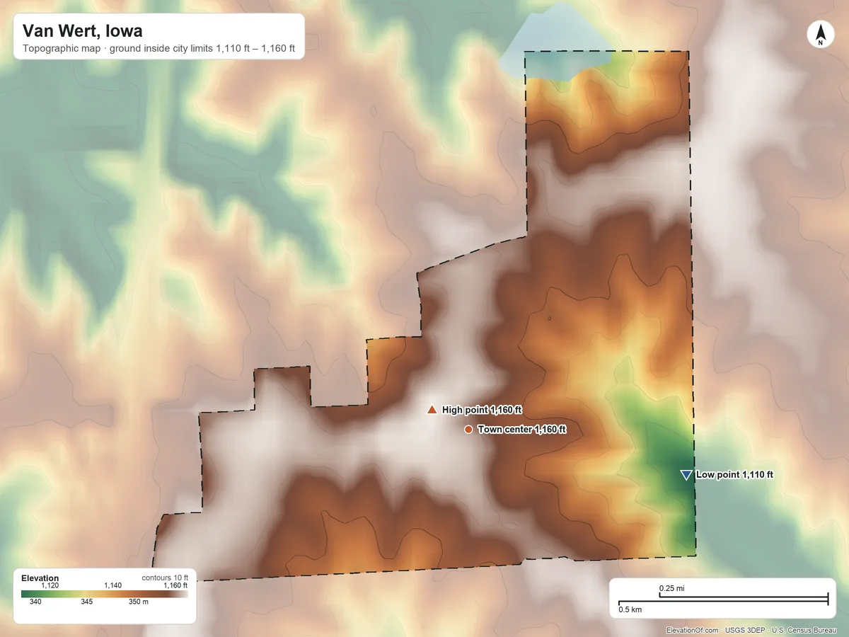 Topographic elevation map of Van Wert, Iowa, shaded from 1,110 ft on the east side to 1,160 ft near the middle