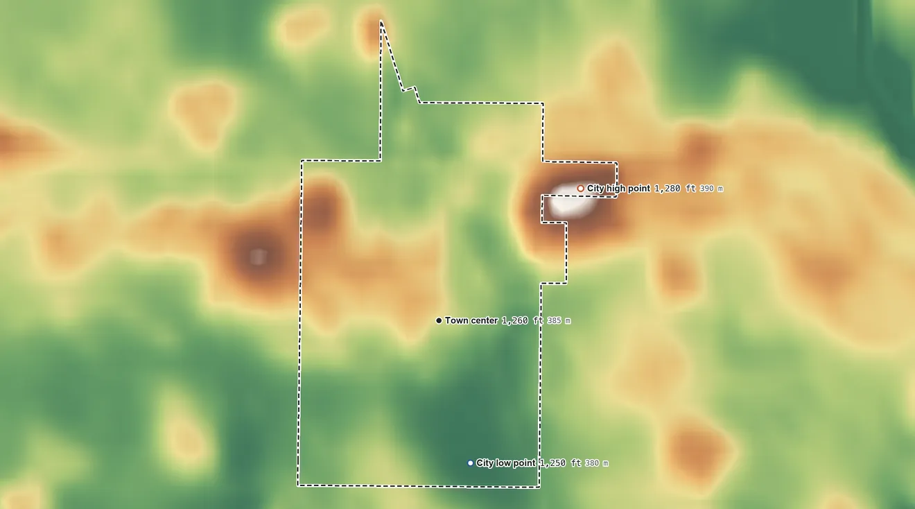 Topographic elevation map of Varina, Iowa, shaded from 1,250 ft on the south side to 1,280 ft on the northeast side