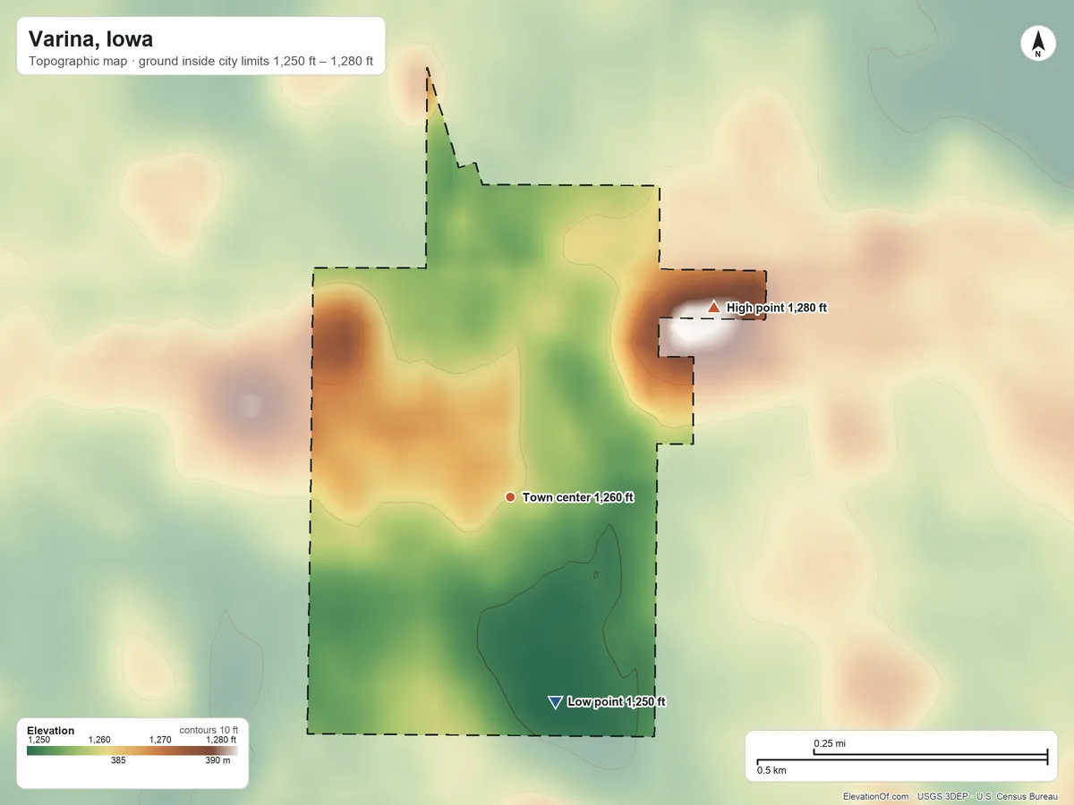 Topographic elevation map of Varina, Iowa, shaded from 1,250 ft on the south side to 1,280 ft on the northeast side
