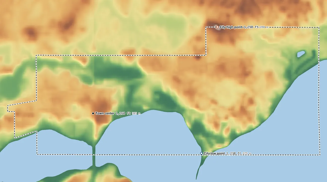 Topographic elevation map of Ventura, Iowa, shaded from 1,230 ft on the east side to 1,290 ft on the northeast side