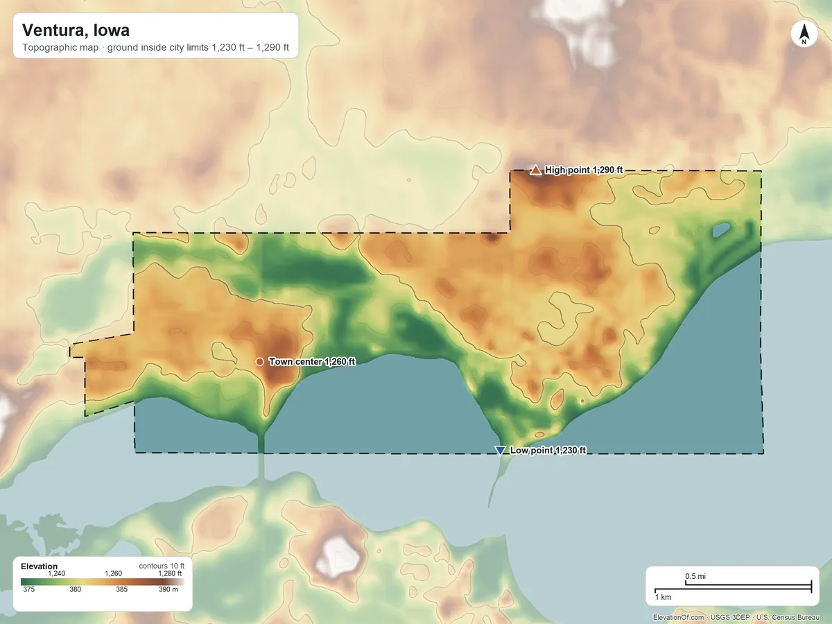 Topographic elevation map of Ventura, Iowa, shaded from 1,230 ft on the east side to 1,290 ft on the northeast side