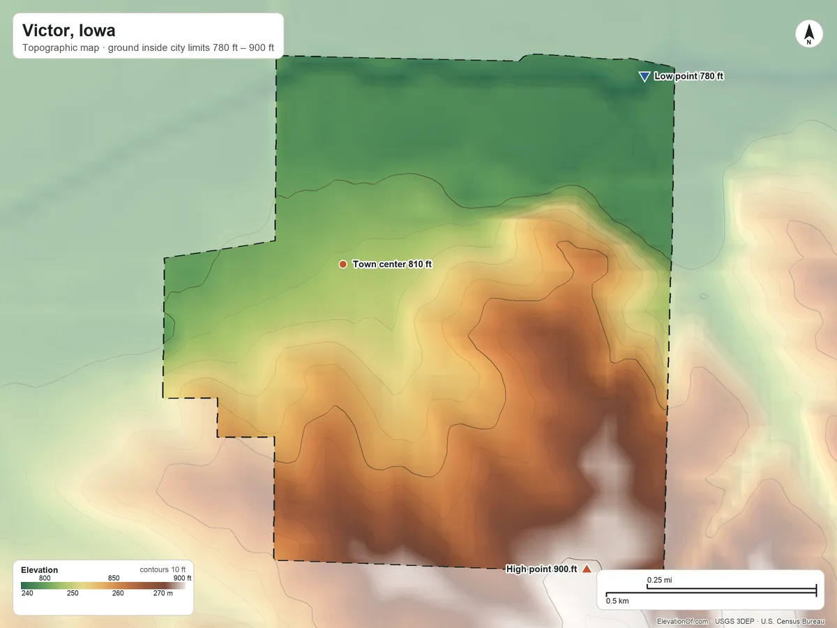 Topographic elevation map of Victor, Iowa, shaded from 780 ft on the northeast side to 900 ft on the southeast side
