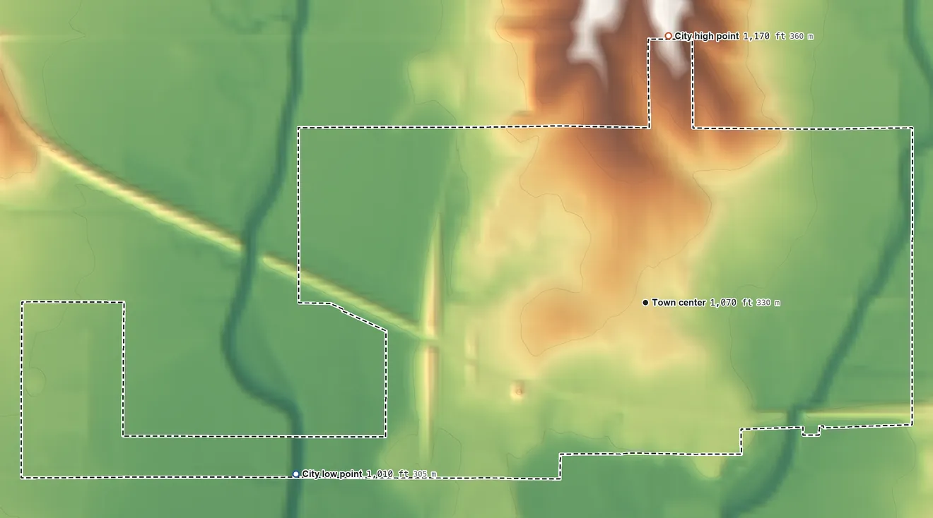 Topographic elevation map of Villisca, Iowa, shaded from 1,010 ft on the southwest side to 1,170 ft on the north side