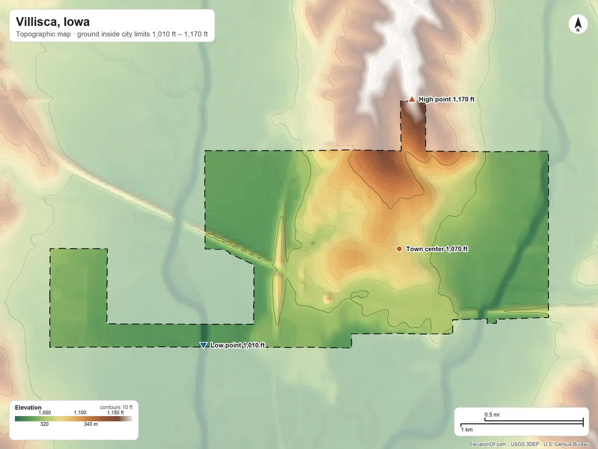 Topographic elevation map of Villisca, Iowa, shaded from 1,010 ft on the southwest side to 1,170 ft on the north side