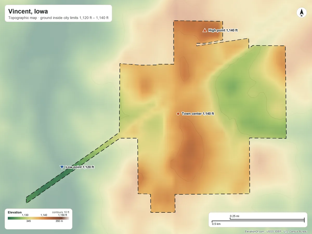 Topographic elevation map of Vincent, Iowa, shaded from 1,120 ft on the southwest side to 1,140 ft on the north side