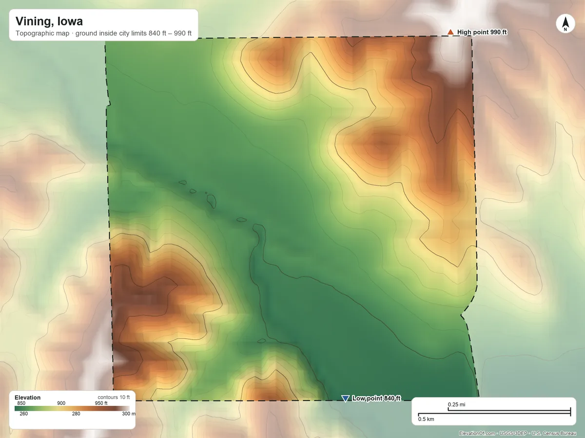 Topographic elevation map of Vining, Iowa, shaded from 840 ft on the south side to 990 ft on the north side