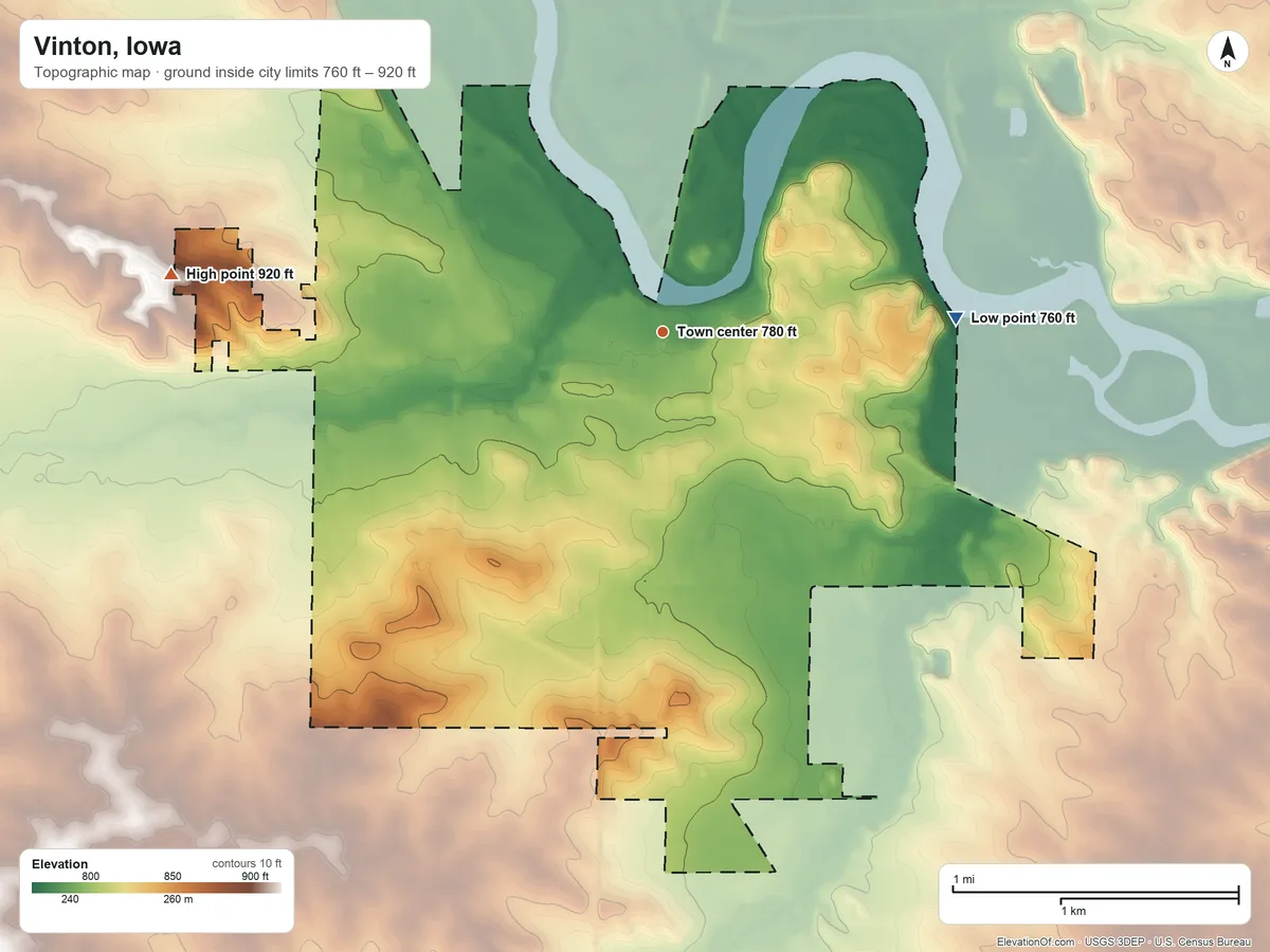 Topographic elevation map of Vinton, Iowa, shaded from 760 ft on the east side to 920 ft on the west side
