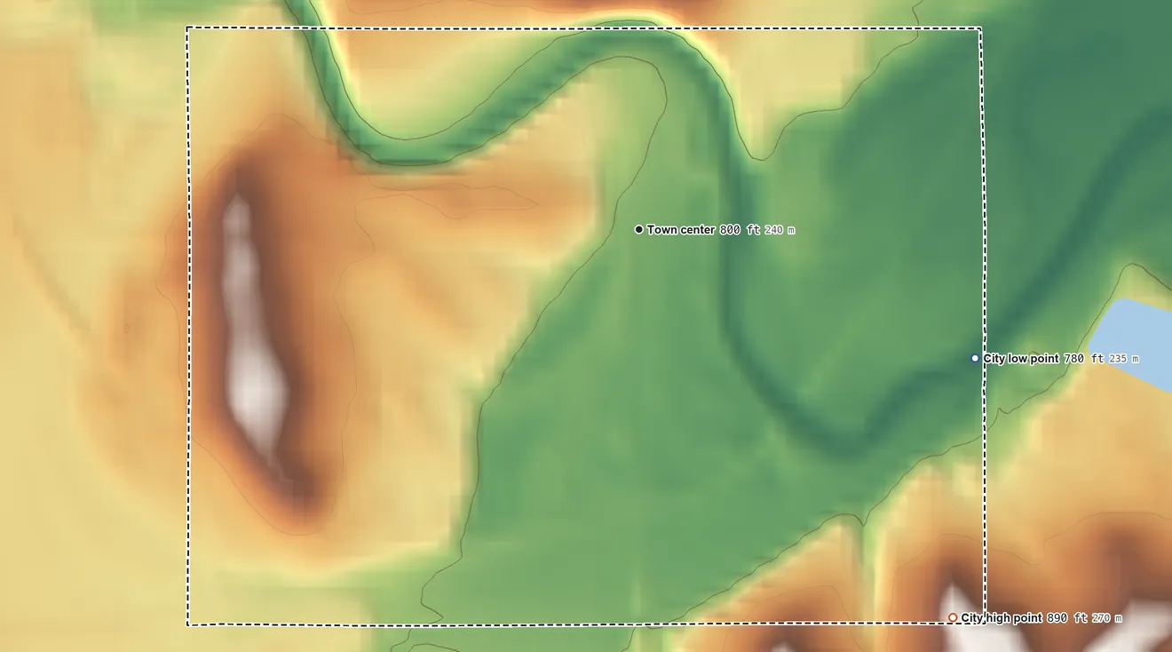 Topographic elevation map of Volga, Iowa, shaded from 780 ft on the east side to 890 ft on the southeast side