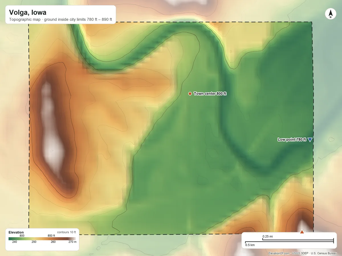 Topographic elevation map of Volga, Iowa, shaded from 780 ft on the east side to 890 ft on the southeast side