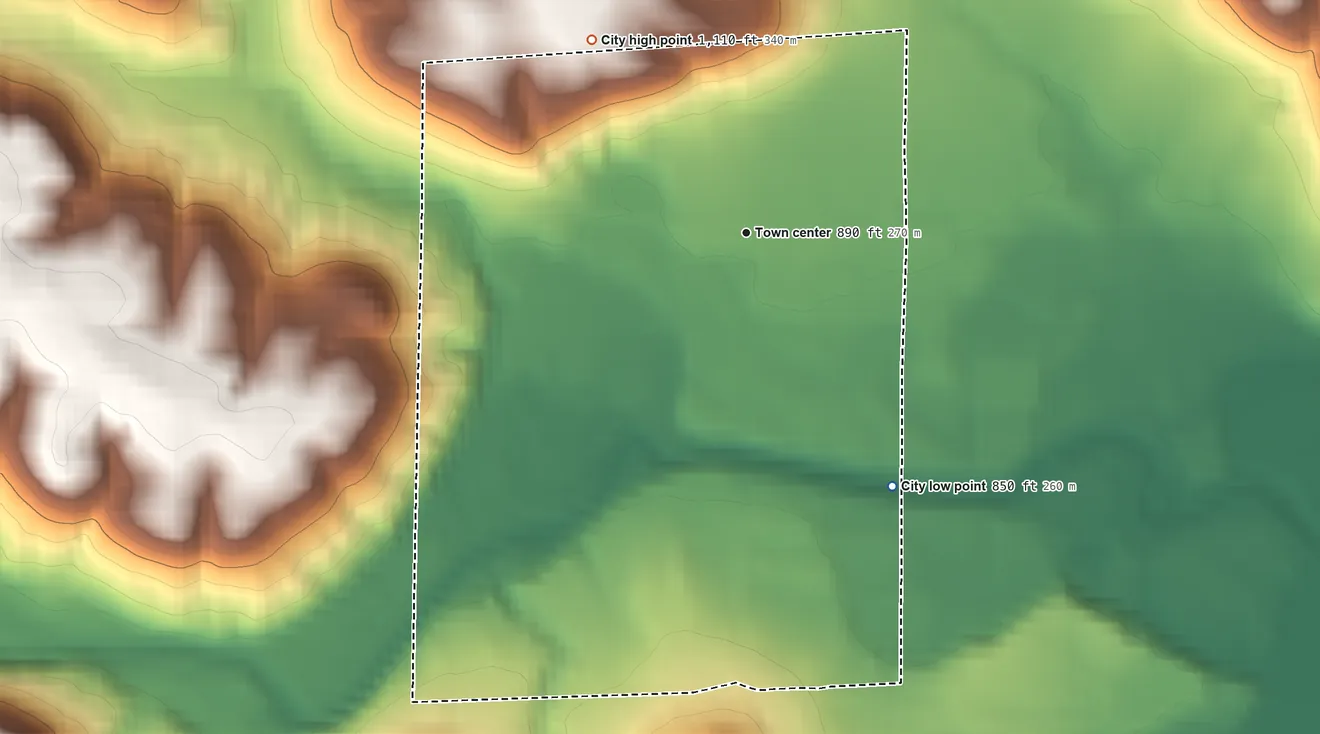 Topographic elevation map of Wadena, Iowa, shaded from 850 ft on the southeast side to 1,110 ft on the northwest side