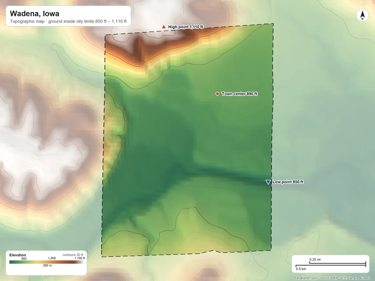 Topographic elevation map of Wadena, Iowa, shaded from 850 ft on the southeast side to 1,110 ft on the northwest side