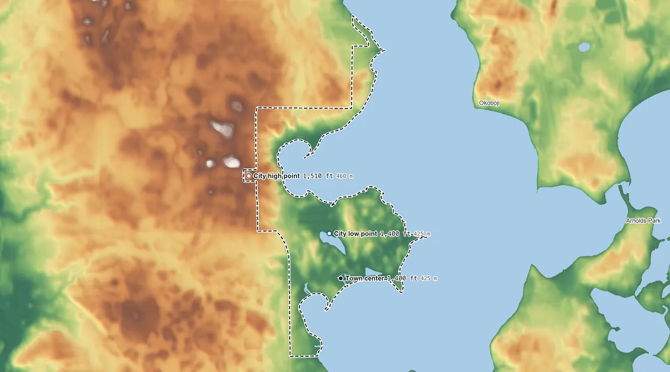 Topographic elevation map of Wahpeton, Iowa, shaded from 1,400 ft on the north side to 1,510 ft on the northwest side