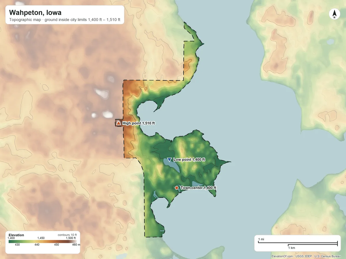 Topographic elevation map of Wahpeton, Iowa, shaded from 1,400 ft on the north side to 1,510 ft on the northwest side