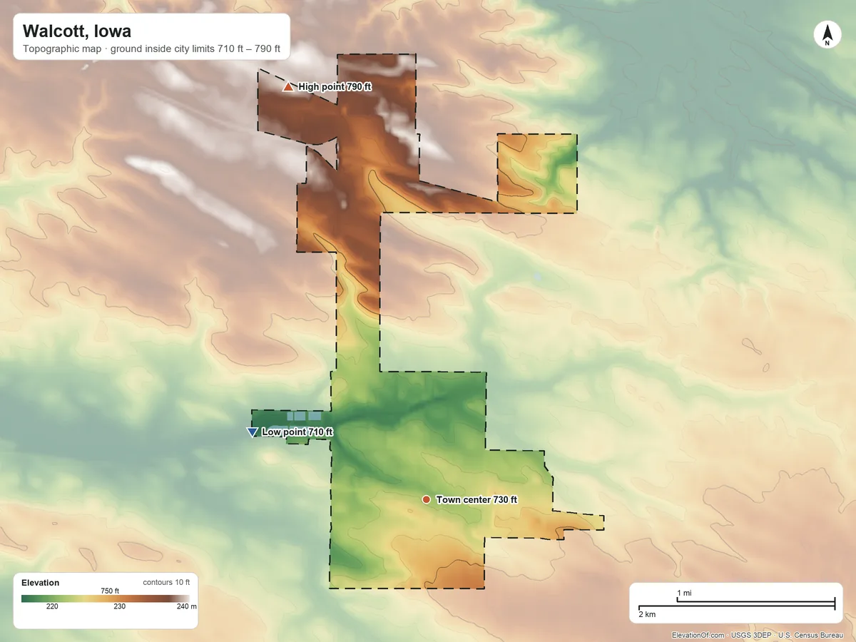 Topographic elevation map of Walcott, Iowa, shaded from 710 ft on the west side to 790 ft on the north side