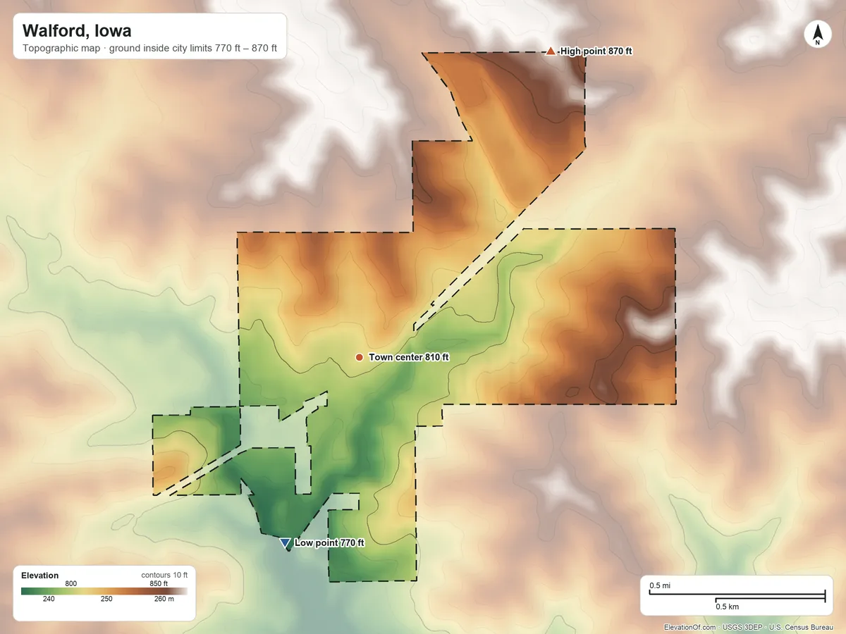 Topographic elevation map of Walford, Iowa, shaded from 770 ft on the south side to 870 ft on the northeast side