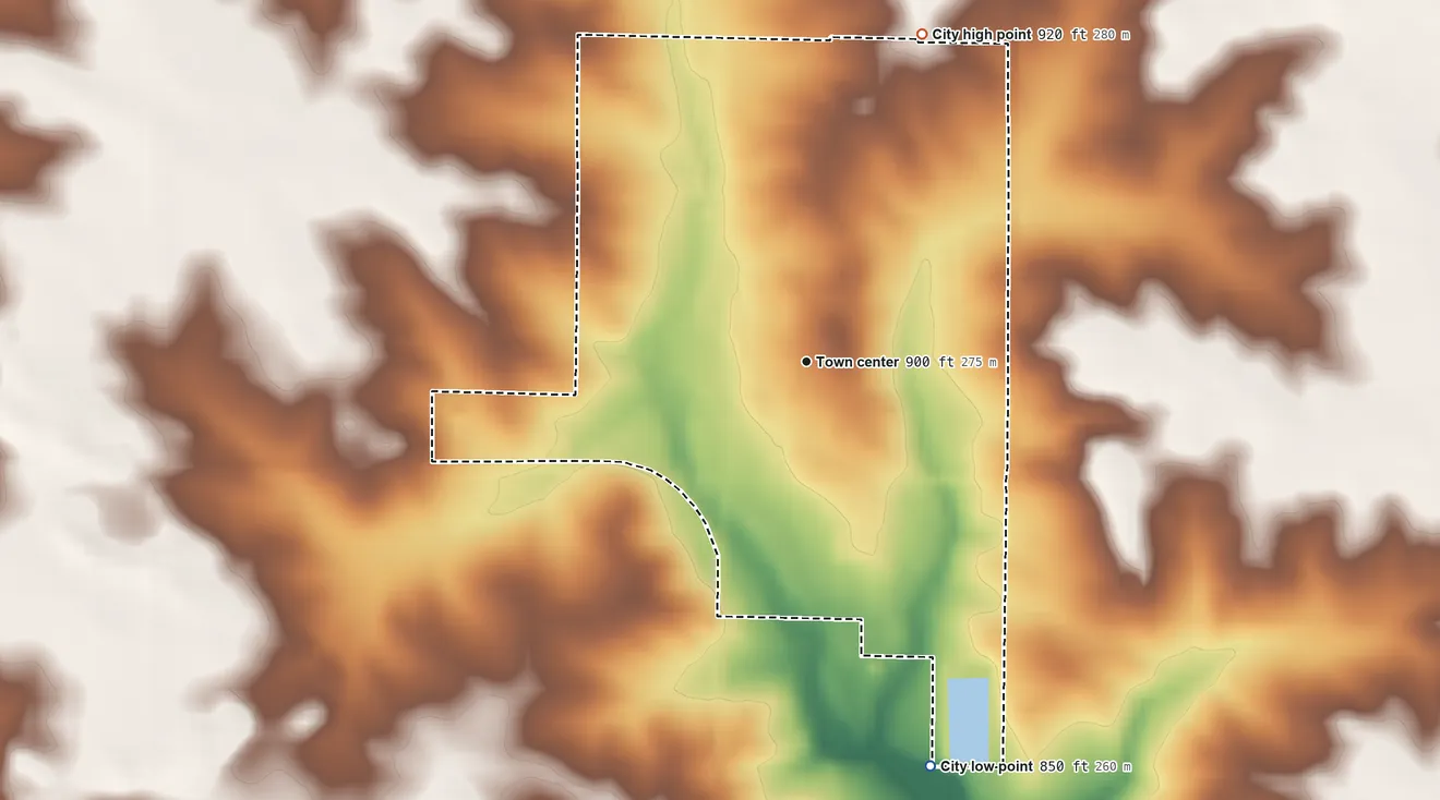 Topographic elevation map of Walker, Iowa, shaded from 850 ft on the south side to 920 ft on the north side
