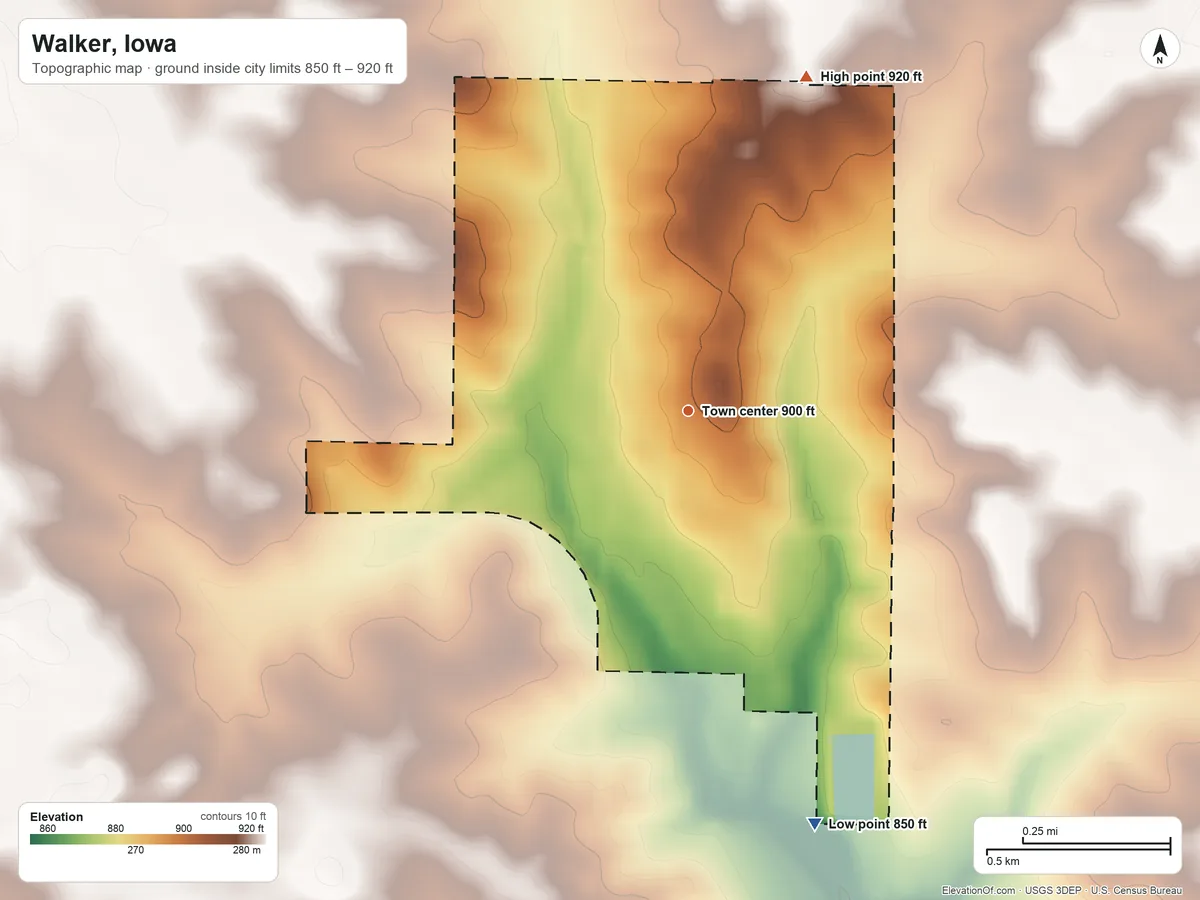 Topographic elevation map of Walker, Iowa, shaded from 850 ft on the south side to 920 ft on the north side