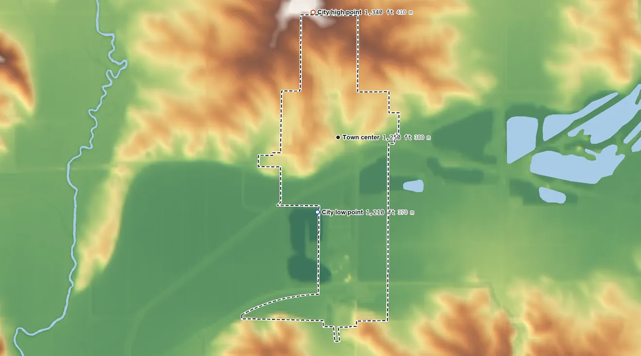 Topographic elevation map of Wall Lake, Iowa, shaded from 1,210 ft on the south side to 1,340 ft on the north side