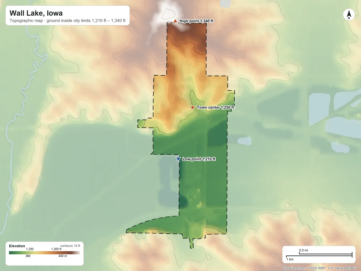 Topographic elevation map of Wall Lake, Iowa, shaded from 1,210 ft on the south side to 1,340 ft on the north side